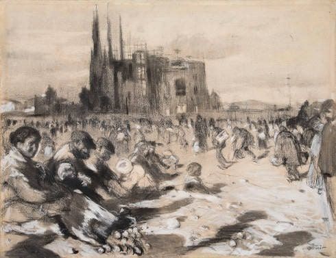 Joaquim Mir, Die Kathedrale der Bettler, Vorstudie, um 1898, 48,3 x 62,5 cm (Barcelona)