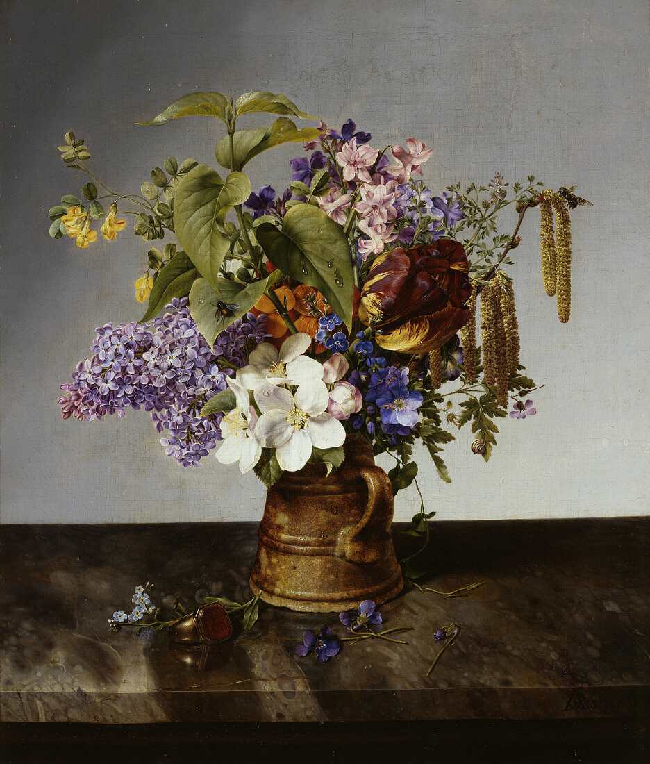 Johann Wilhelm Preyer, Gartenblumenstrauß im Krug, Öl auf Leinwand, 41 x 36 cm (© Staatliche Museen zu Berlin, Nationalgalerie / Jörg P. Anders)