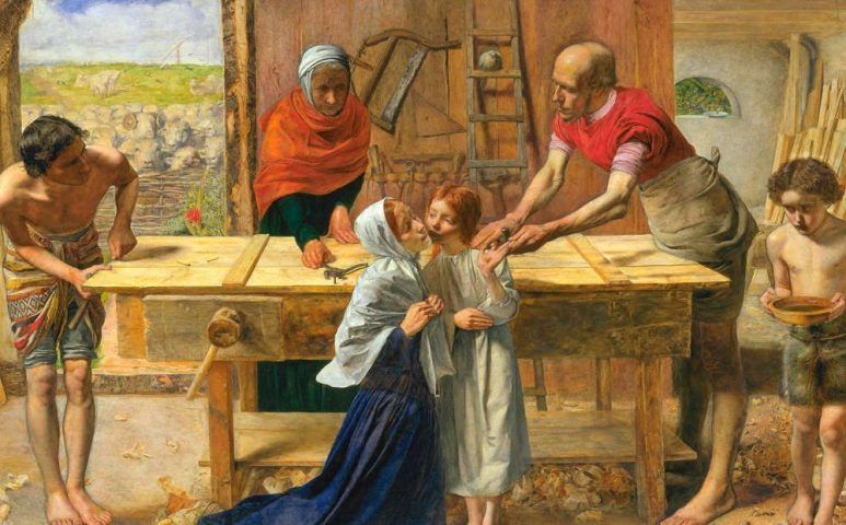 John Everett Millais, Christ in the House of His Partens or The Carpenter Shop [Christus im Haus seiner Eltern oder die Tischlerwerkstatt], Detail, 1849/50, Öl/Lw, 86,4 x 139,7 cm (Tate Britain, London)