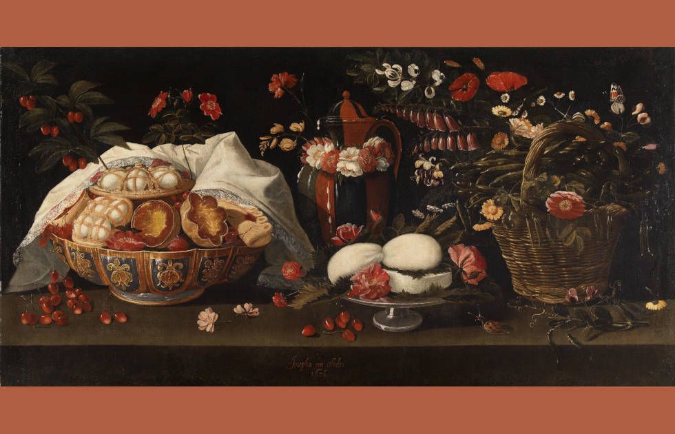 Josefa de Óbidos, Stillleben mit Blumen, Süßigkeiten und Kirschen, 1676 (Museu Municipal de Santarém)