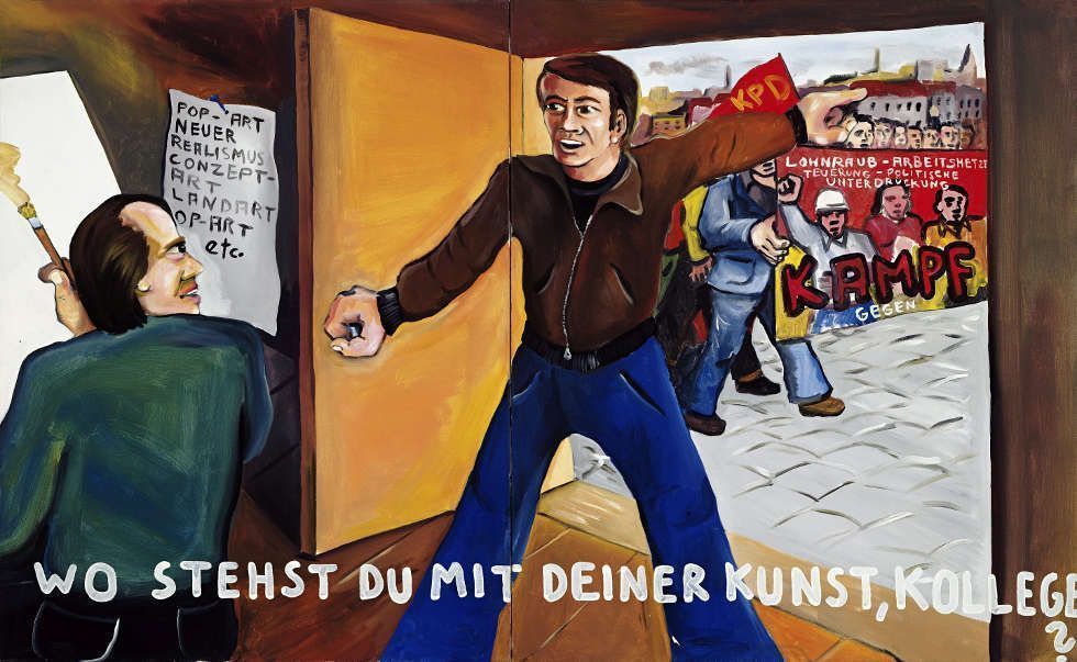 Jörg Immendorff, Wo stehst du mit deiner Kunst, Kollege?, 1973, Acryl auf Leinwand, 2-teilig, 130 x 210 cm (© Estate of Jörg Immendorff, Courtesy Galerie Michael Werner Märkisch Wilmersdorf, Köln & New York)