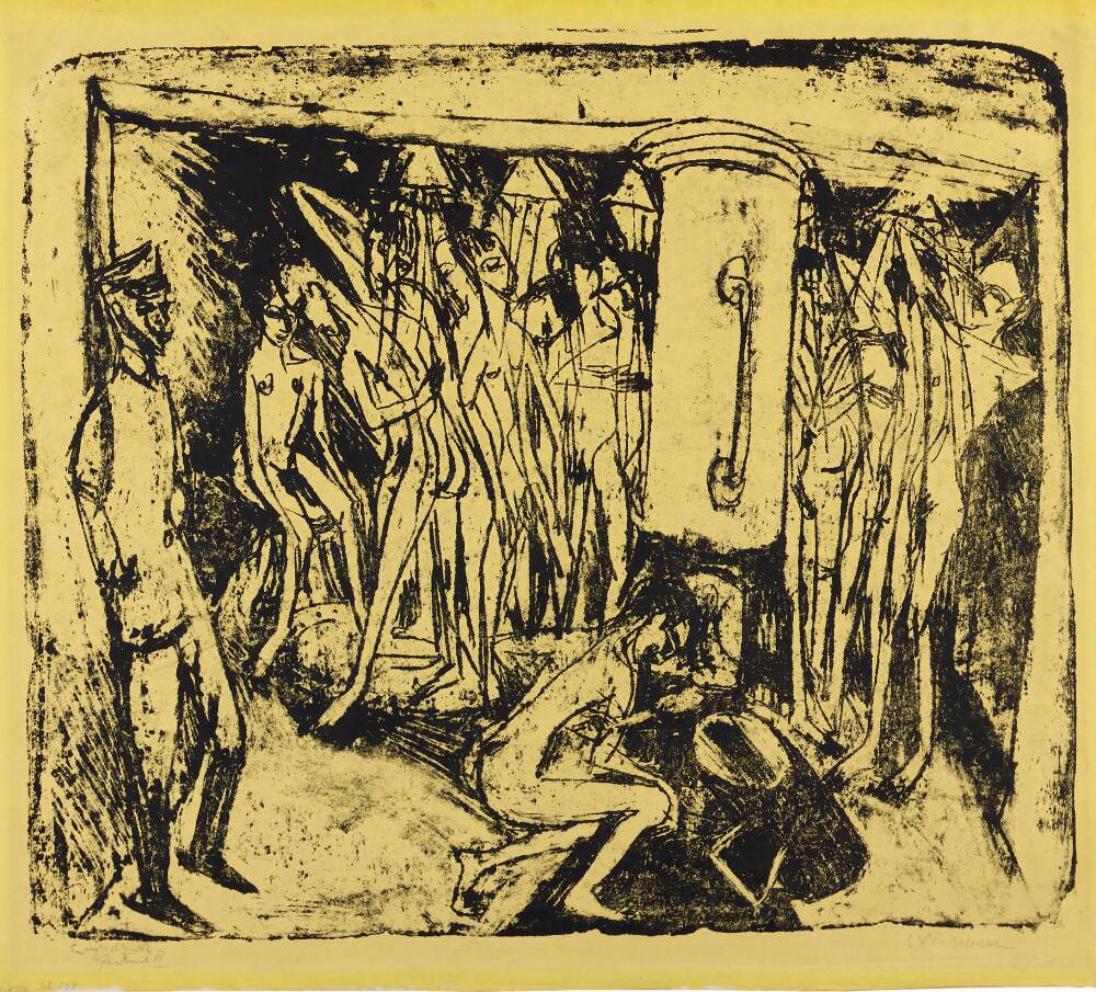 Ernst Ludwig Kirchner, Ernst Ludwig Kirchner, Artilleristenbad – Badende Soldaten, 1915, Lithografie auf gelbem Papier, 50,5 × 59,0/4 cm (Sammlung E.W.K., Bern/Davos)