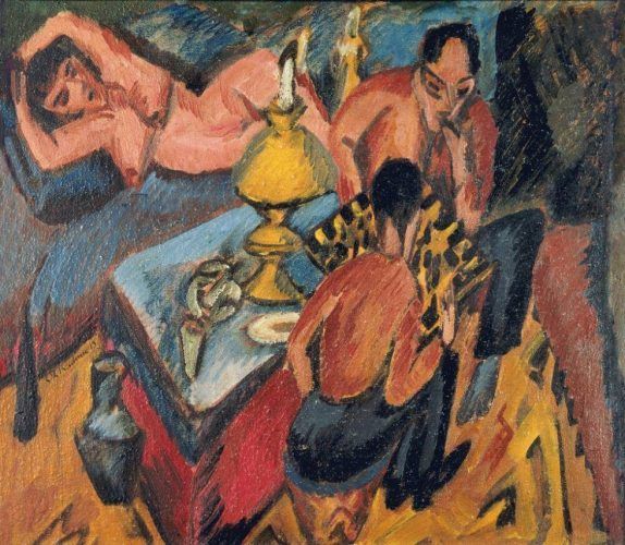 Ernst Ludwig Kirchner, Erich Heckel und Otto Mueller beim Schach, 1913, Öl auf Leinwand, 35,5 × 40,5 cm („Brücke“-Museum, Berlin)