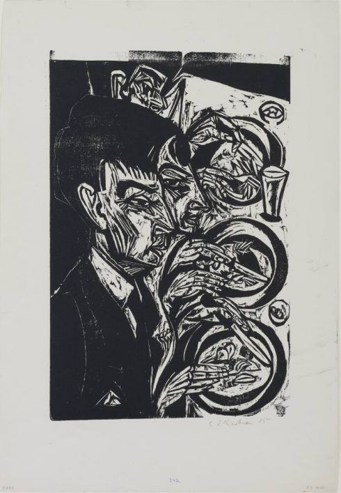 Ernst Ludwig Kirchner, Nervöse beim Diner (Sanatorium Kohnstamm), 1916, Holzschnitt auf Karton, 42 × 28 cm (Kassel, Museumslandschaft Hessen, Kassel, Graphische Sammlung, Städtischer Kunstbesitz)