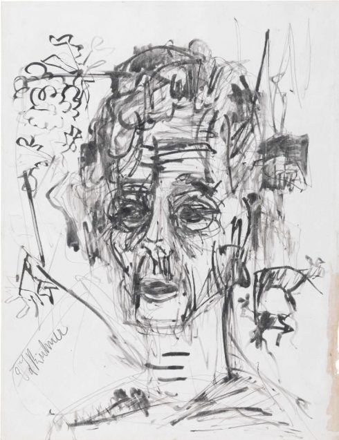 Ernst Ludwig Kirchner, Selbstbildnis im Morphiumrausch, 1917, Rohrfeder, Tinte auf Kreidegrundpapier, 50 × 38 cm („Brücke“-Museum, Berlin)