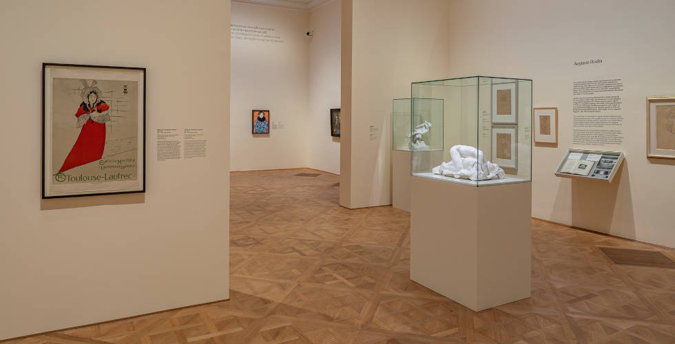 Klimt. Inspired by Van Gogh, Rodin, Matisse, Installationsansicht Belvedere 2023: Toulouse-Lautrec, Rodin, Klimt, Foto: Johannes Stoll / Belvedere, Wien