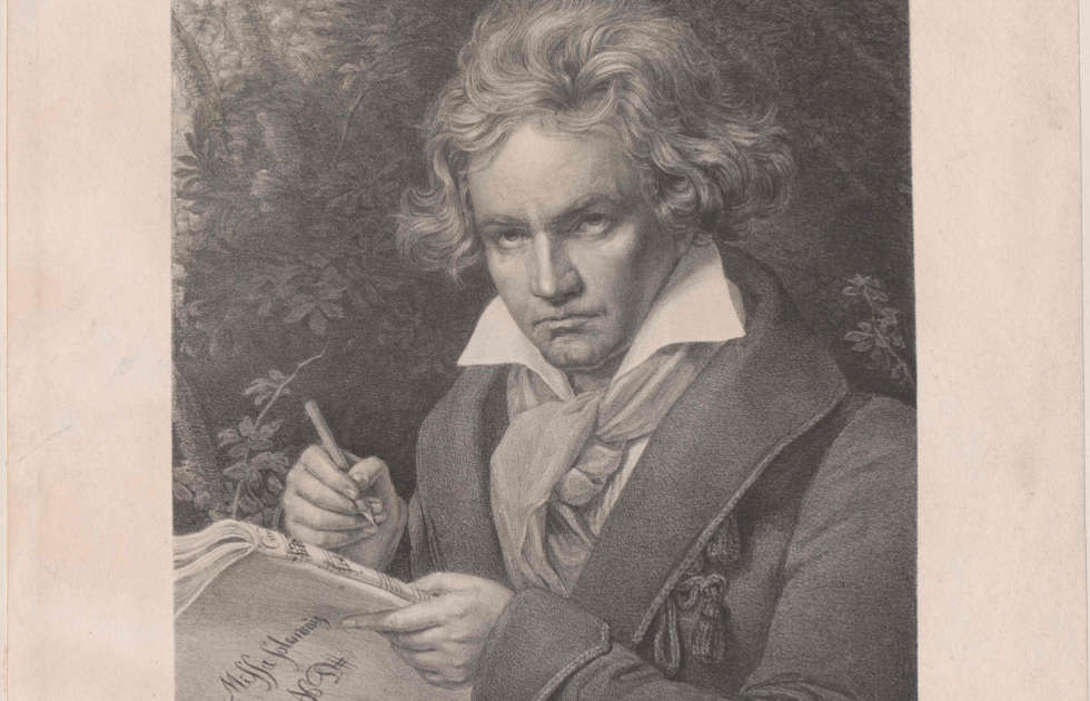 Beethoven an der Missa solemnis schreibend, Detail, Lithografie von Josef Kriehuber nach einem Gemälde von Josef Karl Stieler. © Österreichische Nationalbibliothek