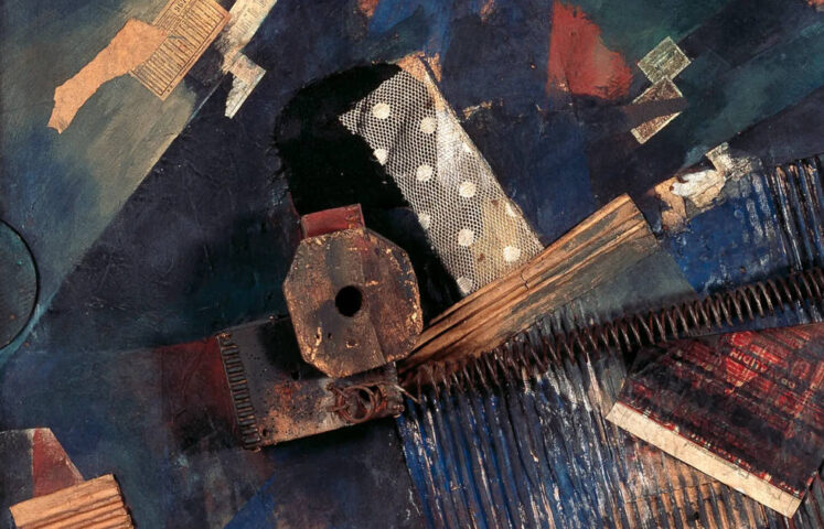 Kurt Schwitters, Ausgerenkte Kräfte, 1920/möglicherweise 1938, Detail, Collage und Assemblage mit Fragmenten aus Stoff, Druckerzeugnissen, Pappe, Holz und Metall sowie Öl auf Karton in eigenhändigem Holzrahmen 105,5 x 86,7 x 9 cm (mit Kasten) (Kunstmuseum Bern, Schenkung Professor Dr. Max Huggler, 1966 © Kunstmuseum Bern)