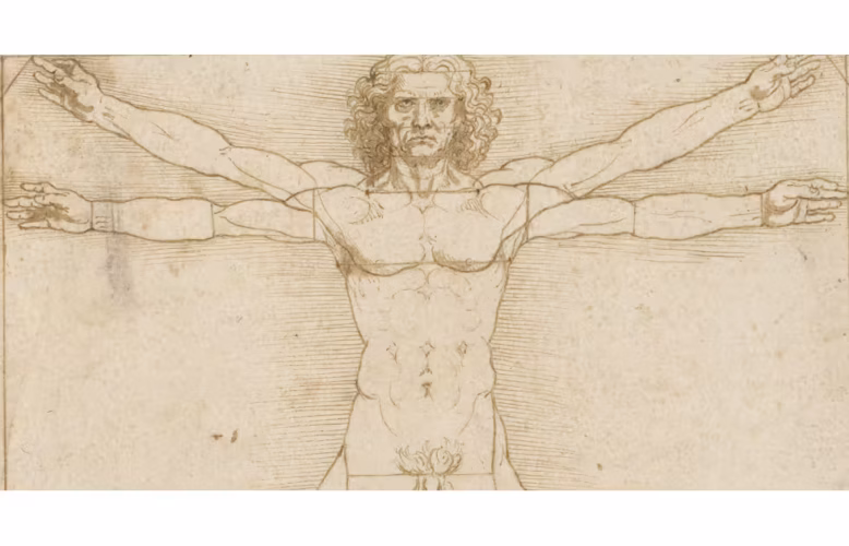 Leonardo, Proportionsstudie des menschlichen Körpers, genannt „Vitruvianischer Mensch“, Detail, Metallgallustinte, laviert, über Vorzeichnung mit Metallstift; kreisförmige Zirkeleinstiche und -vertiefungen, 345 × 246 mm (Venedig, Gallerie dell’Accademia)