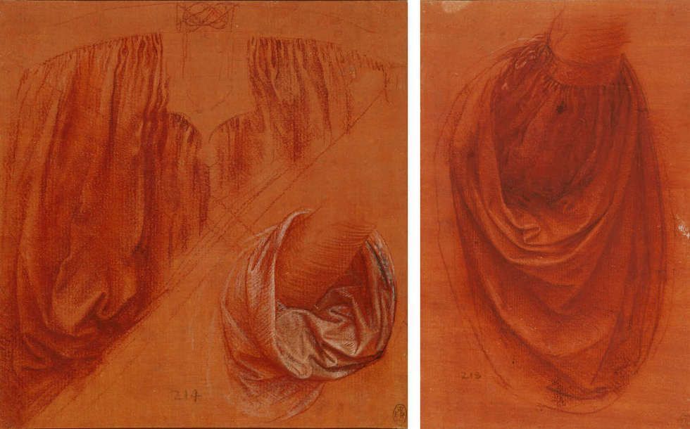 Leonardo da Vinci, Zwei Studienblätter für Draperien für einen Salvator Mundi, um 1504–1508, Rötel mit Kreide und Feder auf blassrotem Papier (Royal Collection of Queen Elizabeth II., Windsor, Inv.-Nr. RCIN 912524 & Inv.-Nr. RCIN 912525)