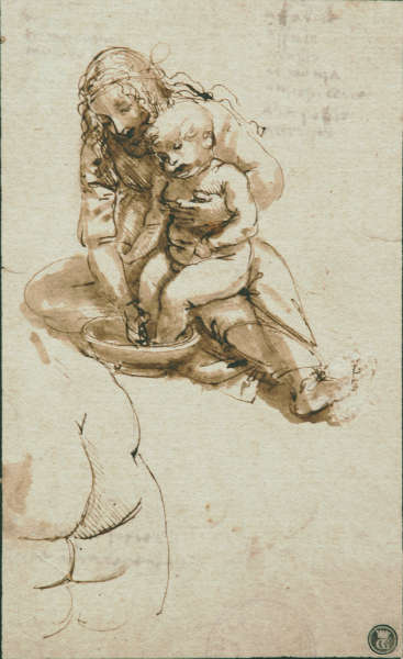 Leonardo da Vinci, Junge Frau wäscht die Füße eines Kindes, um 1478–1480, Feder und Pinsel in brauner Tinte über Spuren von schwarzer Kreide (Faculdade de Belas Artes, Universidade do Porto, Porto)
