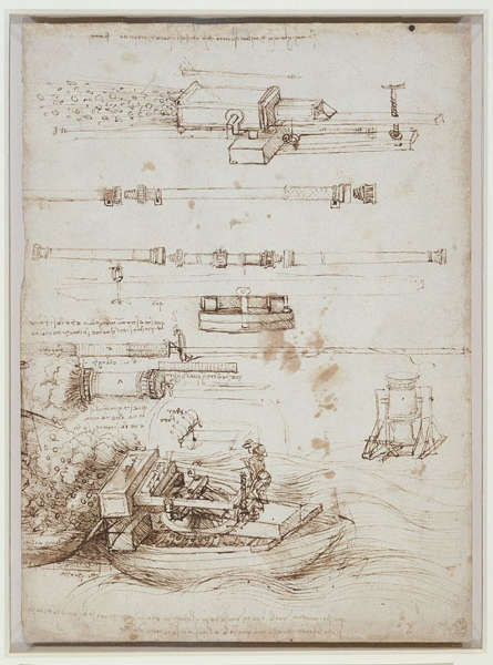 Leonardo da Vinci, Studien für Gewehrläufe und Mörser, um 1485–1490, Feder und Tusche, 28.2 x 20.5 cm (Blattmaß) (Royal Collection of the Queen, Inv.-Nr. RCIN 912652)