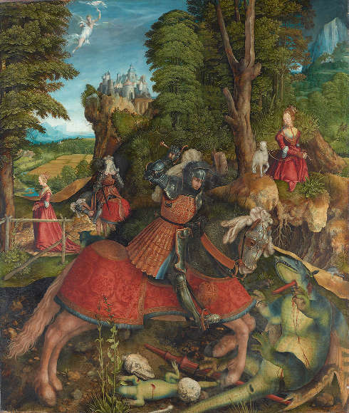 Leonhard Beck, Hl. Georg im Kampf mit dem Drachen, um 1513/14, Öl/Fichtenholz, 136,7 cm × 116,2 cm (Kunsthistorisches Museum Wien, Gemäldegalerie)