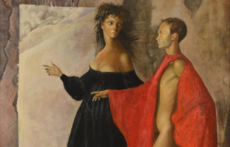 Leonor Fini, Dans la tour [Im Turm (Selbstporträt mit Constantin Jelenski)], Detail, 1952, 91 x 64,3 cm (Palazzo Reale, Mailand)