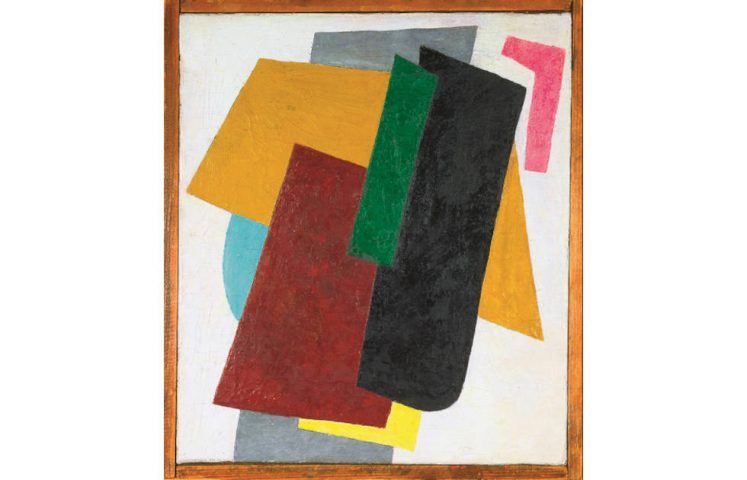 Ljubow Popowa, Suprematistische Komposition, um 1916, Öl auf Leinwand, 35,5 x 31 cm (Wilhelm-Hack-Museum, Ludwigshafen)