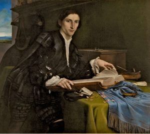 Lorenzo Lotto, Porträt eines jungen Mannes in seinem Studiolo, um 1528–1530, Öl auf Leinwand, 98 x 111 cm (Gallerie dell’ Accademia, Venedig)