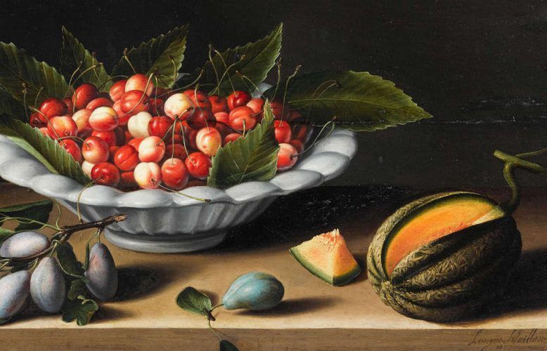 Louise Moillon, Schale mit Kirschen, Pflaumen und Melone, Detail, 1633 (Louvre)