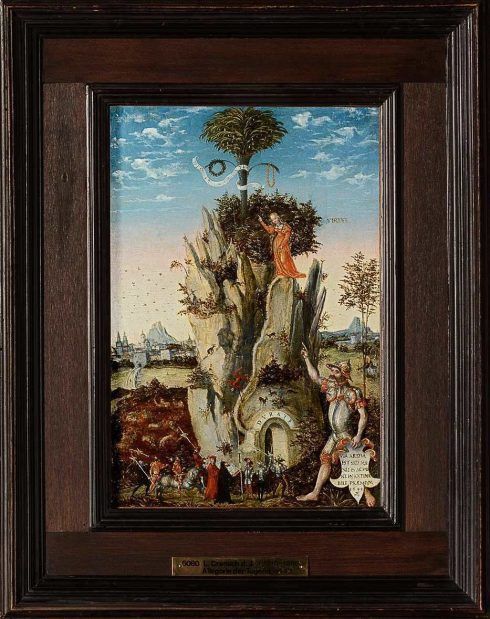Lucas Cranach d. J., Allegorie der Tugend (Tugendberg), 1548 datiert, Lindenholz, 33,6 × 22,9 cm (Kunsthistorisches Museum, Gemäldegalerie, Inv.-Nr. 6080 © KHM-Museumsverband)