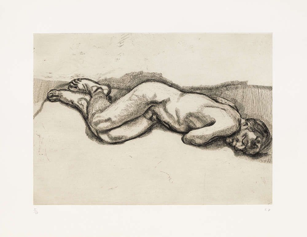 Lucian Freud, Naked Man on a Bed, 1987, Radierung, 57,2 x 76,2 cm (© The Lucian Freud Archive/Bridgeman Images UBS Art Collection)