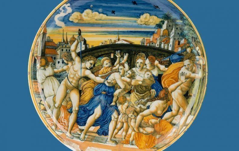 Anonym, Bethlehemitischer Kindermord, nach Raffael und Marcantonio Raimondi, Detail, Urbino 1535 bis 1555, Schale (MAK, Glas und Keramik, Inv.-Nr. KE 3597)