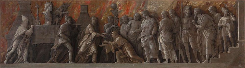 Andrea Mantegna, Die Einführung des Kultes der Kybele in Rom, 1505–6, Kleisterfarbe auf Leinen, 76.5 x 273 cm (© The National Gallery, London)