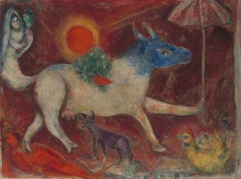 Marc Chagall, Die Kuh mit dem Sonnenschirm, 1946, Öl auf Leinwand, 81,3 x 108 cm, The Metropolitan Museum of Art, Nachlass von Richard S. Zeisler, 2007 (2007.247.3), © VG Bild-Kunst, Bonn 2022, Foto: bpk / The Metropolitan Museum of Art