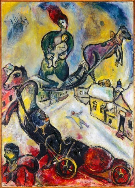 Marc Chagall, Krieg, 1943, Öl auf Leinwand, 106 x 76 cm, Centre Pompidou, Paris, Musée national d’art moderne / Centre de création industrielle, Seit 1995 im Depot des Musée d’art moderne de Céret (Céret), Schenkung des Künstlers, 1953, © VG Bild-Kunst, Bonn 2021, Foto: bpk / CNAC-MNAM / Jacqueline Hyde