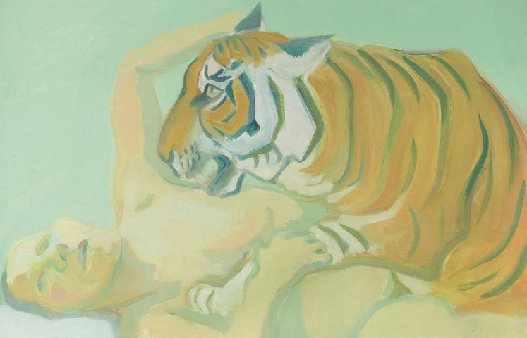Maria Lassnig, Mit einem Tiger schlafen, Detail, 1975, Öl/Lw (Albertina, Wien – Dauerleihgabe der Österreichischen Nationalbank © Maria Lassnig Privatstiftung)