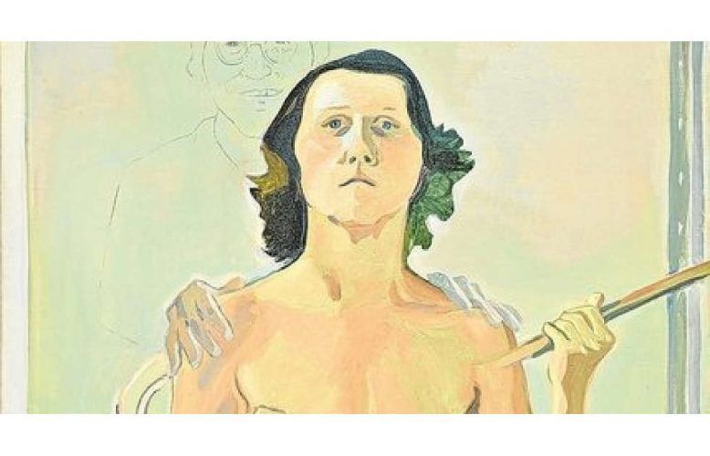 Maria Lassnig, Selbstporträt mit Stab, Detail, 1971, Öl und Kohle auf Leinwand, 193 x 129 cm (Maria Lassnig Stiftung, © Maria Lassnig Stiftung)