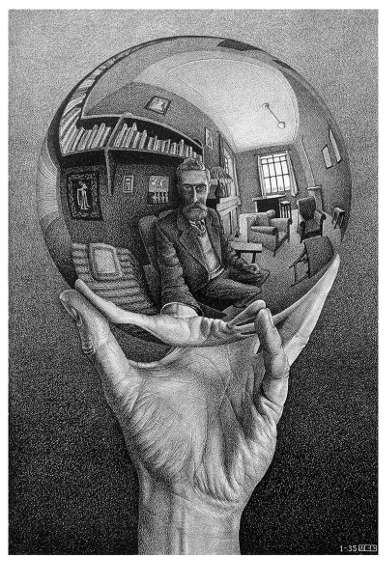 Maurits Cornelis Escher, Hand mit reflektierender Kugel, 1935, Lithografie, 31,1x21,3 cm (Niederlande, Escher Foundation Collection, alle M.C. Escher Werke © 2021 The M.C. Escher Company The Netherlands. Alle Rechte vorbehalten, www.mcescher.com)