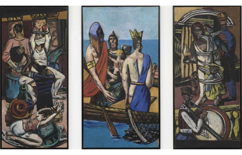 Max Beckmann, Departure, 1932–1935, Öl auf Leinwand, Triptychon, Mittelbild 215,3 x 115,2 cm, Seitenbilder 215,3 x 99,7 cm (Museum of Modern Art, New York © 2021 Artists Rights Society (ARS), New York)