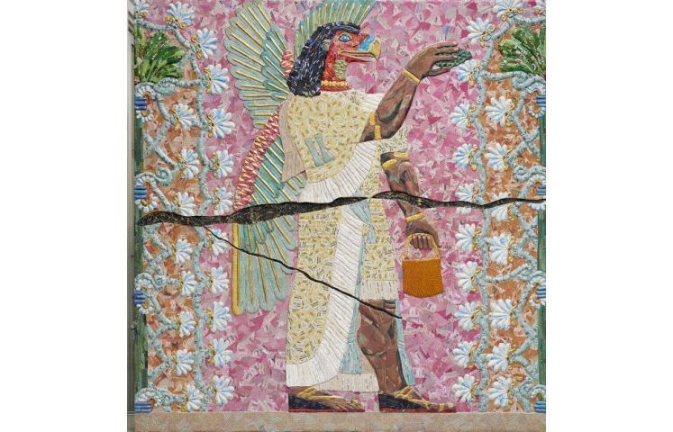 Michael Rakowitz, The invisible enemy should not exist (Room F, section 1, panel 15, Northwest Palace of Kalhu), 2019. Middle Eastern food packaging and newspapers, glue, cardboard on wooden structures, 88.6 x 84.2 x 3.5 inches.