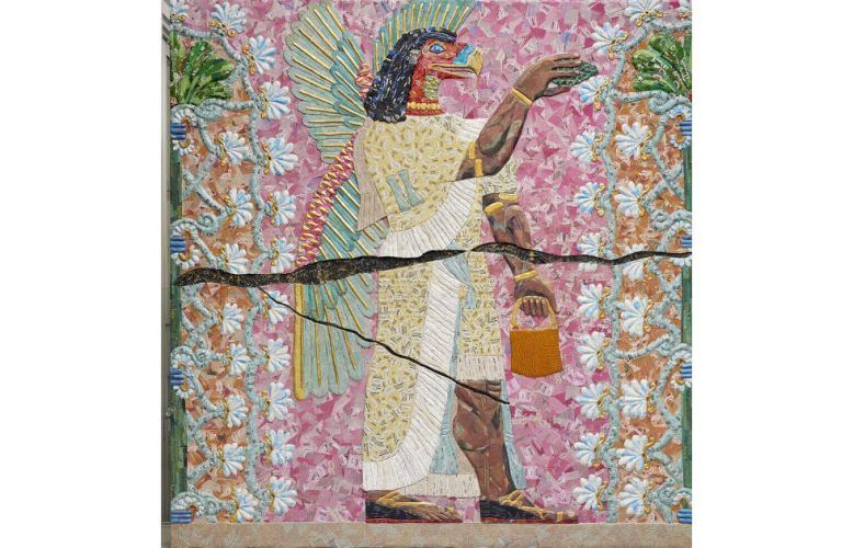 Michael Rakowitz, The invisible enemy should not exist (Room F, section 1, panel 15, Northwest Palace of Kalhu), 2019. Middle Eastern food packaging and newspapers, glue, cardboard on wooden structures, 88.6 x 84.2 x 3.5 inches.