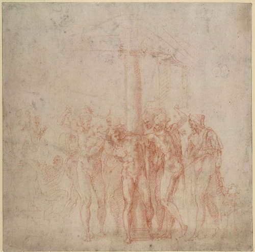 Michelangelo, Geißelung Christi, 1516, rote Kreide über Stylus mit schwarzer Kreide auf Papier, 23.3 × 23.5 cm (The British Museum, London (1895,0915.500) © The Trustees of The British Museum)