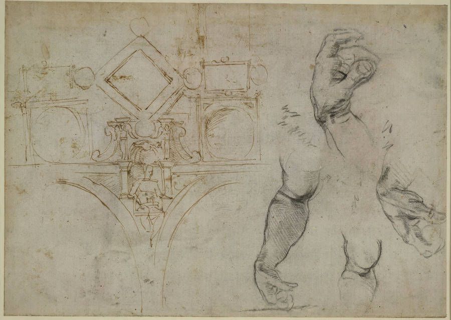 Michelangelo, Schema für die Dekoration des Gewölbes der Sixtina, Studien von Armen und Händen (recto), 1508 (British Museum)