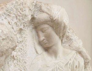 Michelangelo, Madonna mit Kind und dem hl. Johannes (Tondo Taddei), Kopf der Madonna schräg, um 1504-1505, Marmor, 106.8 cm dm (Royal Academy of Arts)