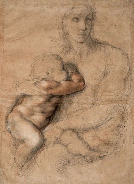 Michelangelo, Unvollendeter Karton für eine Madonna mit Kind, 1525–1530, Schwarze und rote Kreide, weiße Gouache, Blatt 54.1 x 39.6 cm (Casa Buonarroti, Florenz 71F SL.6.2017.12.7)