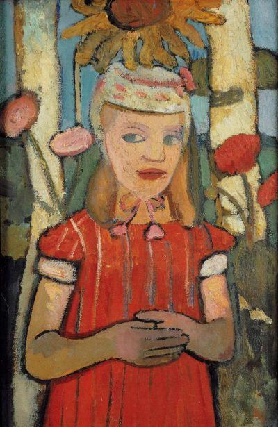 Paula Modersohn-Becker, Mädchen in rotem Kleid vor Sonnenblume, 1907 (Privatbesitz)