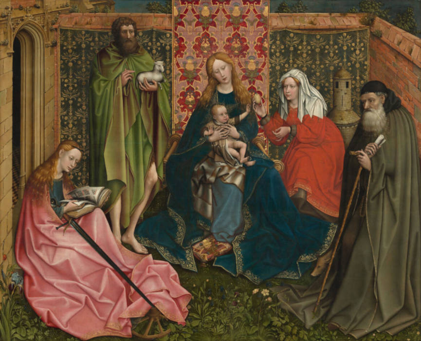 Nachfolger des Robert Campin, Madonna mit Kind und Heiligen im umschlossenen Garten, um 1440–1460, Mischtechnik auf Holz, 122,2 x 151,2 cm (National Gallery of Art, Washington, inv.-Nr. 1959.9.3 (Samuel H. Kress Collection))