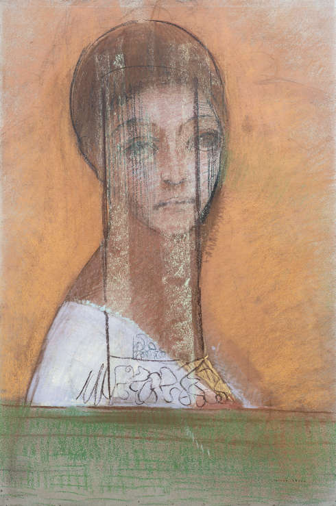Odilon Redon, Femme voilée [Verschleierte Frau], um 1895–1900, Pastell und Kreide auf blauem Papier, 47,8 x 32 cm (Kröller-Müller Museum, Otterlo)