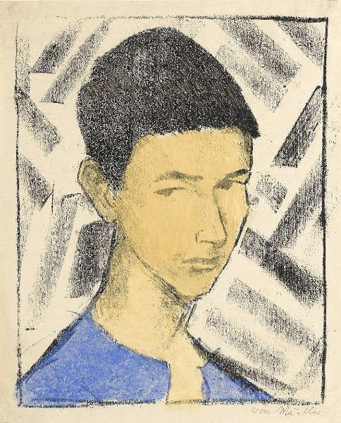 Otto Mueller, Bildnis Eugen (Knabenkopf), 1919, Lithografie, handkoloriert in Blau und Ocker auf elfenbeinfarbenem Papier (Staatsgalerie Stuttgart, Graphische Sammlung)
