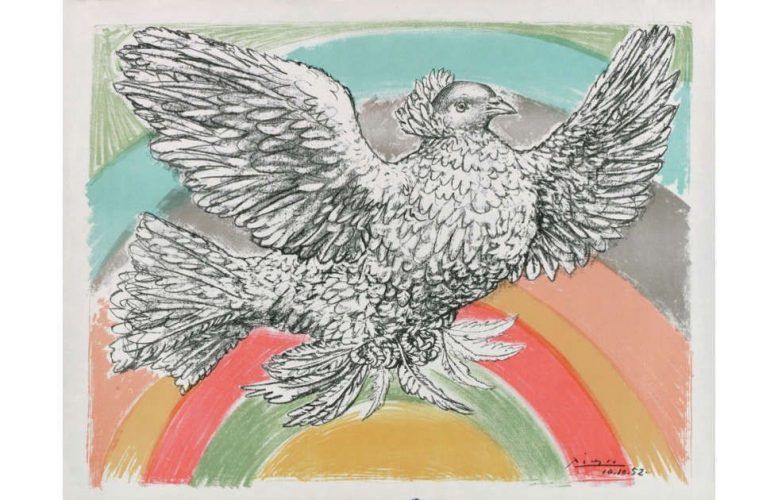 Pablo Picasso, Fliegende Taube im Regenbogen, 1952, Lithografie (© Succession Picasso, Paris / VG Bild-Kunst, Bonn 2018)