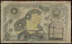 Eugène Engrand, genannt Paul End (1896–1973), Frau mit Sternenhaar, 1948, Grafitstift und Farbstift auf Ölfarbe mit eingestrichenem Packpapier (Foto: Claudine Garcia, AN, Collection de l’Art Brut, Lausanne)