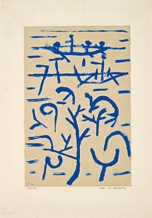 Paul Klee, Boote in der Überflutung, 1937, 202, Blaue Kleisterfarbe auf Papier auf Karton, 49,5 x 32,5 cm (Fondation Beyeler, Riehen/Basel, Sammlung Beyeler, Foto: Robert Bayer)