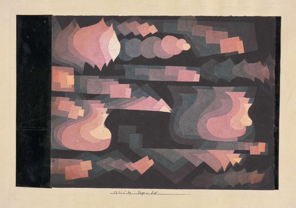 Paul Klee, Fuge in Rot, 1921, 69, Aquarell und Bleistift auf Papier auf Karton, 24,4 x 31,5 cm (Privatbesitz Schweiz, Depositum im Zentrum Paul Klee, Bern)