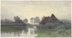 Paul Joseph Constantin Gabriël, Bauernhäuser am Wasser bei Abendnebel, 1838–1903, Aquarell, 39 × 75,9 cm (Rijksmuseum, Amsterdam)