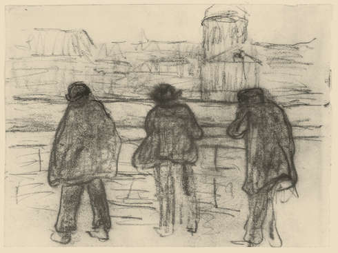 Paula Modersohn-Becker, Drei Männer am Seine-Quai (gegenüber dem Institut de France), um 1905, Kohle auf Papier (Privatbesitz, Foto: Paula-Modersohn-Becker-Stiftung)