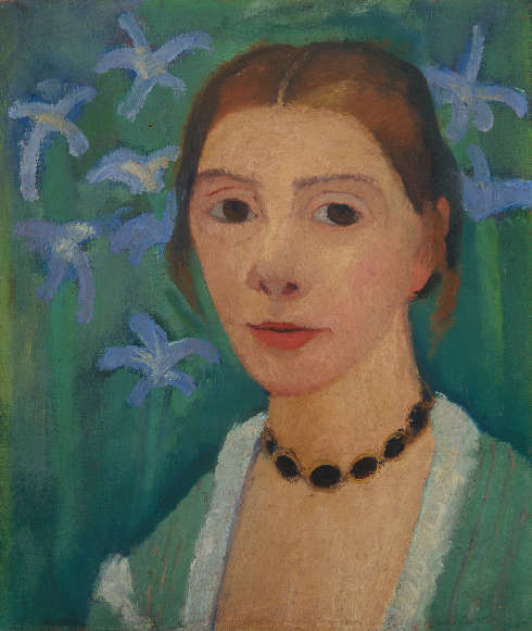 Paula Modersohn-Becker, Selbstbildnis vor grünem Hintergrund mit blauer Iris, 1900-1907, Öl auf Leinwand, 40,7 x 34,5 cm (Kunsthalle Bremen – Der Kunstverein in Bremen)