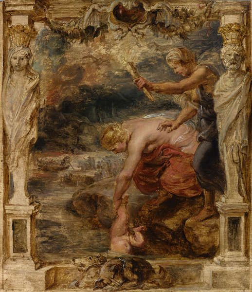 Peter Paul Rubens, Thetis taucht das Kind Achilles in den Fluss Styx, um 1635, Öl/Holz, 44.1 x 38.4 cm (Rotterdam, Museum Boijmans Van Beuningen)