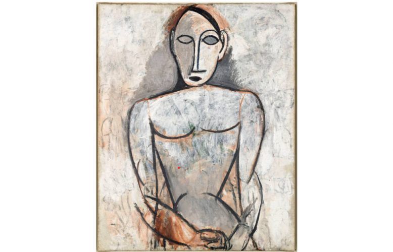 Picasso, Frauenakt mit verschränkten Armen, Studie für Les Demoiselles d'Avignon, Frühjahr 1907, Öl/Lw, 90,5 x 71,5 cm (Musée Picasso, Paris, Inv.-Nr. MP16)